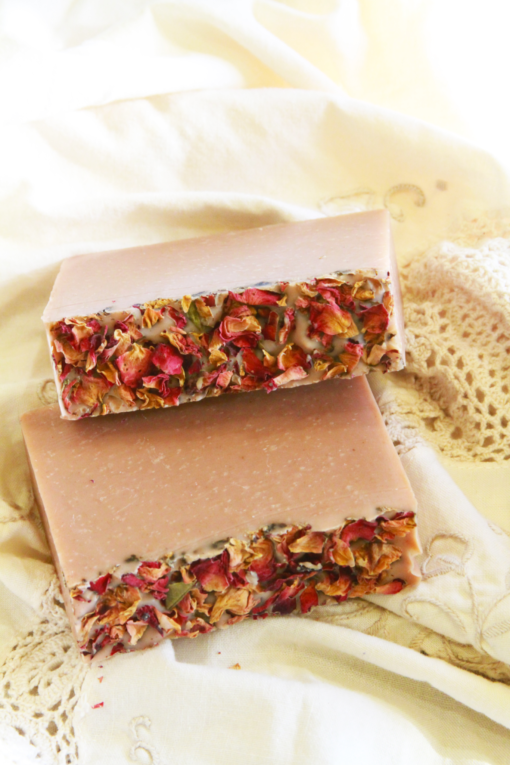 Valentines Day custom soap with pink clay and red rose petals. Handmade by old factory soap, offering custom, private label and wholesale soap